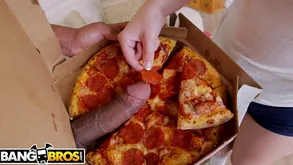 Anikka Albrite and Joseline Kelly share a pizza furnishing wide a mammal for a black horseshit